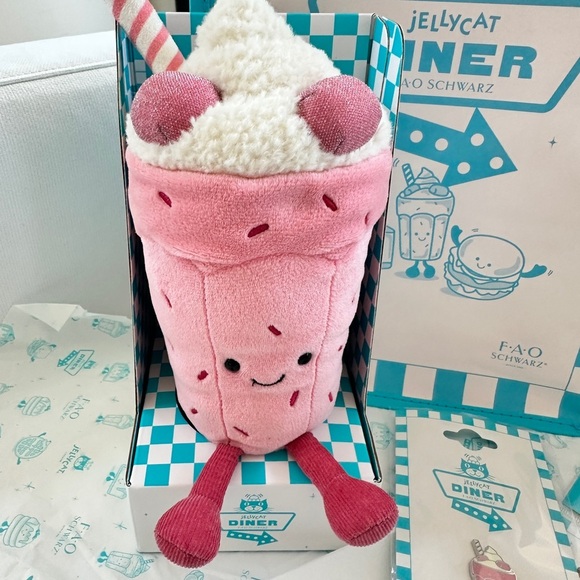 NWT Jellycat diner FAO Schwarz exclusive Pink Bubbeca milkshake w/tote, stickers - Picture 2 of 4